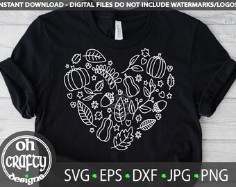 Fall heart svg, Autumn heart cutfile, pumpkin outline, fall leaves, gourd svg, fall tshirt design, Cricut svg, fall sublimation png, dxf