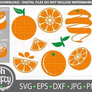 May include: Digital design elements featuring oranges in various forms: whole, sliced, and peeled. The design includes text that reads "INSTANT DOWNLOAD - DIGITAL FILES DO NOT INCLUDE WATERMARKS/LOGOS" and "oh CRAFTY designs". Formats include SVG, EPS, DXF, JPG, and PNG.