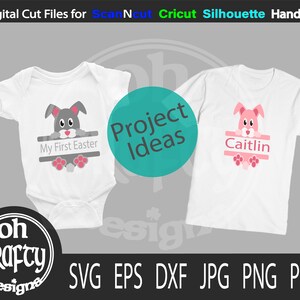 May include: Two white t-shirts with a bunny rabbit design. One shirt says "My First Easter" and the other says "Caitlin".
