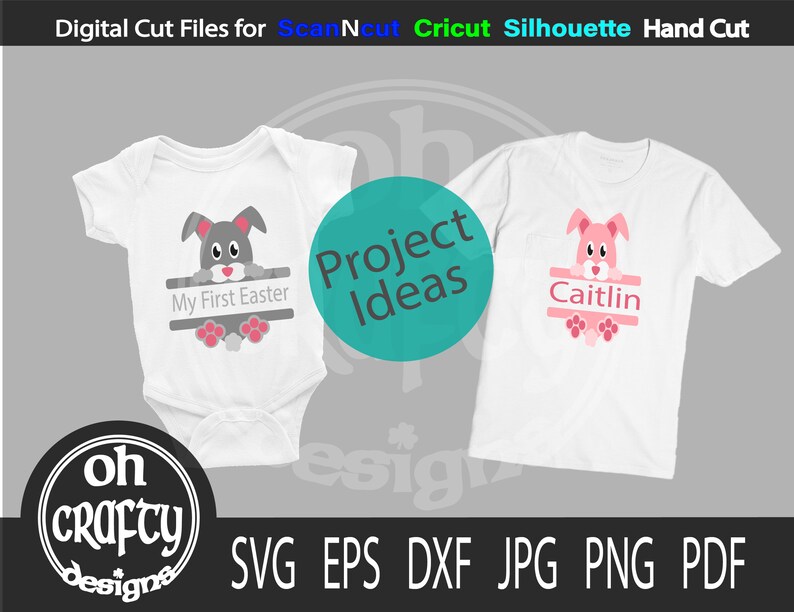 May include: Two white t-shirts with a bunny rabbit design. One shirt says "My First Easter" and the other says "Caitlin".