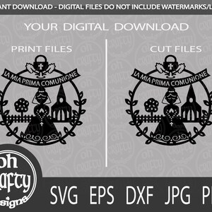May include: Black and white digital download design of a girl in a dress with a wreath of leaves around her. The text reads "La Mia Prima Comunione".