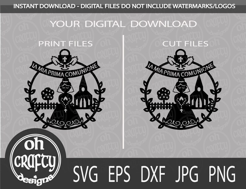 May include: Black and white digital download design of a girl in a dress with a wreath of leaves around her. The text reads "La Mia Prima Comunione".