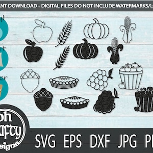 pacote svg de comida de ação de graças, bolota, maçã, milho, trigo, uvas de abóbora, arquivos de corte de torta, arquivos svg, silhueta e contorno, png dxf eps jpg