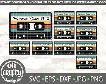 Awesome since 1970s svg, 50 years old, Cassette Tape, 50th birthday, Born in 1973, 70s nostalgia, retro vintage Cut File, Cricut, Silhouette