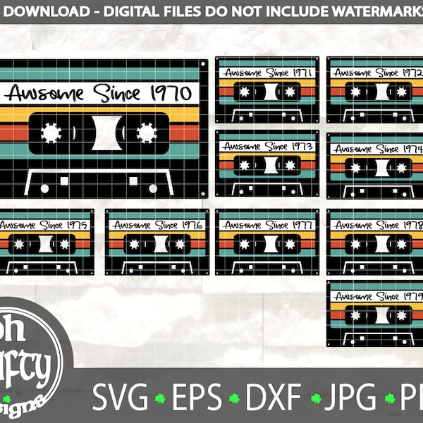 Awesome since 1970s svg, 50 years old, Cassette Tape, 50th birthday, Born in 1973, 70s nostalgia, retro vintage Cut File, Cricut, Silhouette