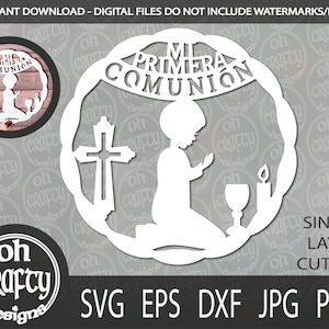 Mi Primera Comunion svg, chłopiec modlący się svg, primera communion svg, krzyż komunijny svg, plik do wycinania komunijnego, szablon wycinanki, pobieranie cyfrowe