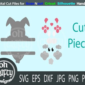 May include: A digital cut file for a split monogram design featuring a bunny rabbit with pink ears and grey clouds. The design includes the text "oh crafty designs" and the words "Cut Pieces".