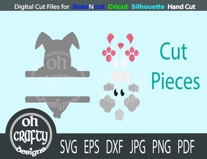 May include: A digital cut file for a split monogram design featuring a bunny rabbit with pink ears and grey clouds. The design includes the text "oh crafty designs" and the words "Cut Pieces".
