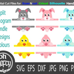 May include: A digital cut file bundle for crafting, featuring two designs of split monogram frames with bunny and chick characters in six different colors. The text "Split Monogram Bundle, 2 Designs, 6 Colours" is displayed above the images.