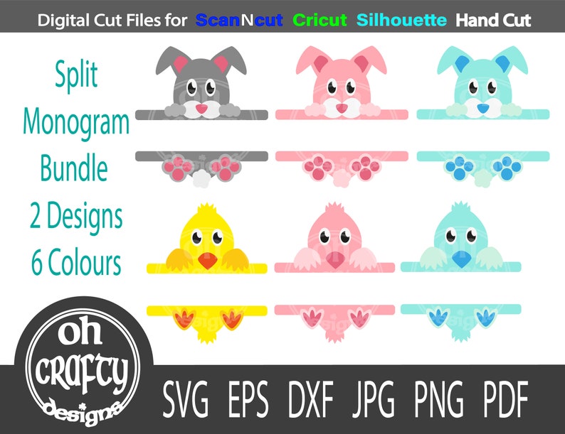 May include: A digital cut file bundle for crafting, featuring two designs of split monogram frames with bunny and chick characters in six different colours. The text "Split Monogram Bundle, 2 Designs, 6 Colours" is displayed above the images.