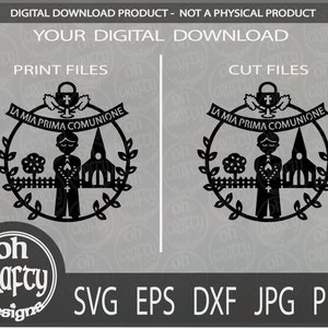 May include: Black and white digital download design of a boy in a suit with a cross, a church, and a wreath with the text "La Mia Prima Comunione".