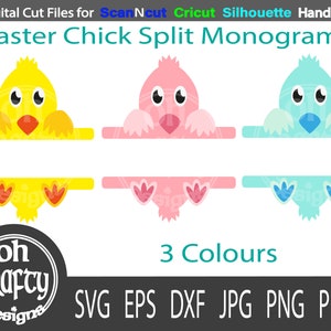 May include: Three Easter chick split monogram designs in yellow, pink, and blue. The designs are for use with a cutting machine such as Cricut or Silhouette.