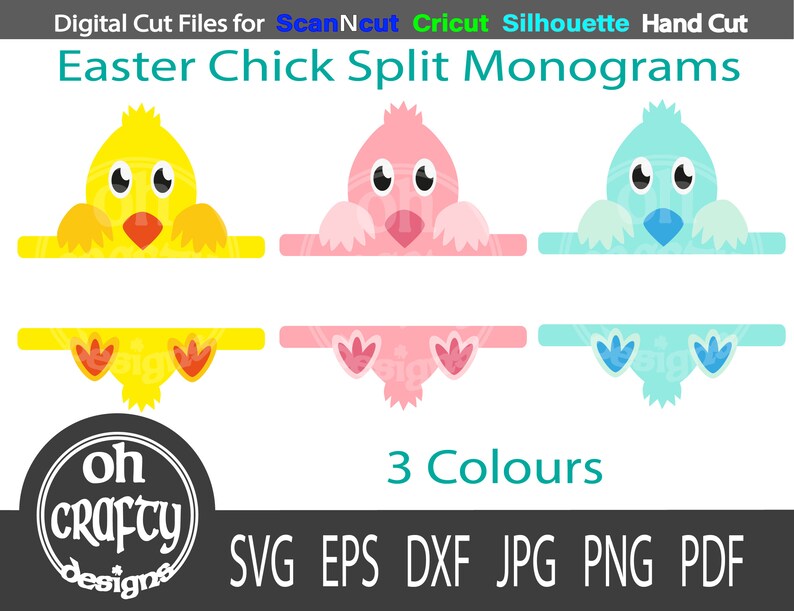 May include: Three Easter chick split monogram designs in yellow, pink, and blue. The designs are for use with a cutting machine such as Cricut or Silhouette.