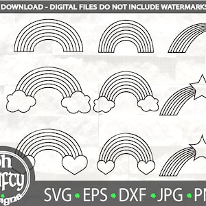 Rainbow Outline SVG, pacote Rainbow svg, berçário fofo svg, janela svg, bebê svg, clipart de arco-íris, símbolos climáticos, dxf, png, eps, jpg