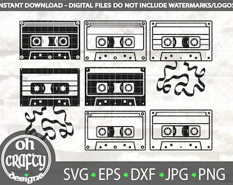 May include: Black and white digital download of six vintage cassette tapes with a stylized tape spool design. The text "INSTANT DOWNLOAD - DIGITAL FILES DO NOT INCLUDE WATERMARKS/LOGOS" is at the top of the image. The text "SVG EPS DXF JPG PNG" is at the bottom of the image. The text "oh crafty designs" is in the lower left corner of the image.
