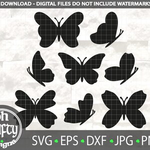 May include: Black butterfly silhouettes in various poses, perfect for digital crafting projects. The image includes the text "INSTANT DOWNLOAD - DIGITAL FILES DO NOT INCLUDE WATERMARKS/LOGOS" and "oh CRAFTY designe SVG EPS DXF JPG PNG".