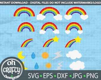 Rainbow svg bundle, multi layer cut file, cloud star sun moon,  nursery svg, , baby svg, Rainbow clipart, weather symbols, dxf, png, jpg