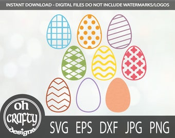May include: A collection of nine colorful Easter egg designs in various patterns and colors, including blue, orange, purple, green, yellow, and pink. The image also includes the text "INSTANT DOWNLOAD - DIGITAL FILES DO NOT INCLUDE WATERMARKS/LOGOS" and "SVG EPS DXF JPG PNG".
