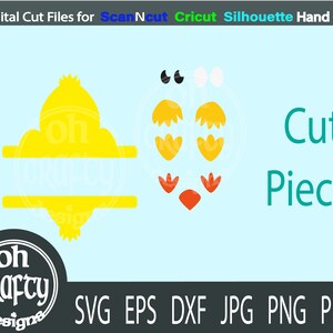 May include: A digital cut file for a yellow chick with a split monogram area. The file includes cut pieces for the chick's eyes, beak, and feet. The text "oh crafty designs" is in a circle at the bottom left of the image. The text "SVG EPS DXF JPG PNG PDF" is at the bottom of the image.