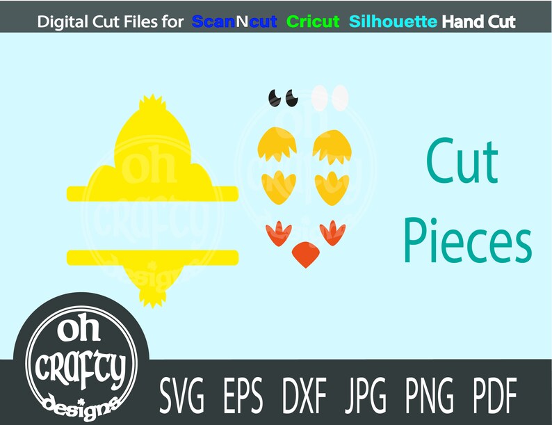 May include: A digital cut file for a yellow chick with a split monogram area. The file includes cut pieces for the chick's eyes, beak, and feet. The text "oh crafty designs" is in a circle at the bottom left of the image. The text "SVG EPS DXF JPG PNG PDF" is at the bottom of the image.