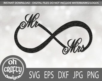 May include: Black and white infinity symbol design with the words "Mr" and "Mrs" in a cursive font.