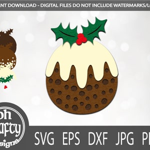 Christmas pudding svg, xmas pudding papercut, christmas pudding with holly svg, layered cut files, printable files, dxf, eps, png, jpg