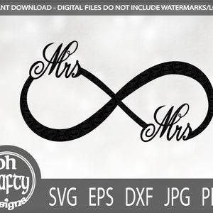Mrs and Mrs Infinity svg, arquivo de corte svg infinito, arquivo de corte Mrs & Mrs, recorte de papel de casamento, modelo de topper de bolo de casamento, arquivo svg de casamento