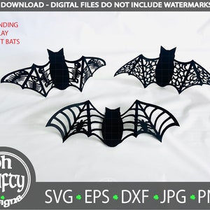 3D 紙コウモリ、不気味なコウモリの SVG バンドル、切り紙装飾、ハロウィーン パーティーの装飾、スケルトンの星、月のクモの巣の切り抜き、切り紙ファイル