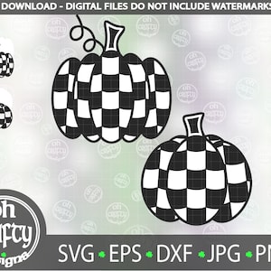 May include: A digital download of two black and white checkered pumpkin SVG cut files. The pumpkins are in a simple, modern style, perfect for fall crafts and decorations.