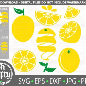 Könnte beinhalten: Ein digitaler Download eines Zitronen-Designs in den Formaten SVG, EPS, DXF, JPG und PNG. Das Design enthält volle Schichten und Schichtaufschnitte einer Zitrone, Zitronenscheiben und einer Zitronenschale.