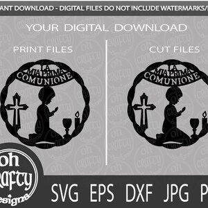 May include: Black and white digital download of a religious illustration. The image features a kneeling child praying in front of a cross with a candle and chalice. The text "LA MIA PRIMA COMUNIONE" is written in a banner above the child.