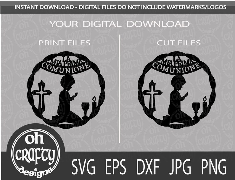 May include: Black and white digital download of a religious illustration. The image features a kneeling child praying in front of a cross with a candle and chalice. The text "LA MIA PRIMA COMUNIONE" is written in a banner above the child.