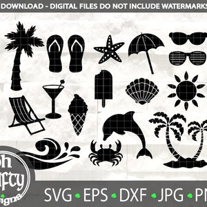 Strand SVG Bundle, Strand Leben Clipart, Palme, Küsten Sommer, tropisch, geschnitten Datei, Sonne, Delfin, Cricut, Silhouette, dxf eps jpg png