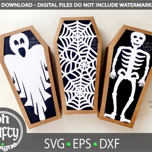 Halloween treat box, 3D svg bundle, candy holder cut file, coffin casket gift box template, trick or treat papercut, skeleton, ghost, web