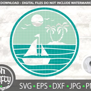Segelboot svg, Strand Szene svg, Sonnenuntergang Strand svg, Bootsfahrt, Boot Leben svg, Insel Palme svg, tropische Insel, Ozean svg, png eps dxf