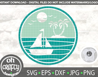 Sailing boat svg, Beach scene svg, Sunset beach svg, boat trip, boat life svg, Island palm tree svg, Tropical island, ocean svg, png eps dxf