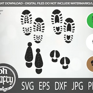 May include: A digital download of a set of 10 black and white footprint SVG cut files. The footprints include a boot print, a cow print, and a human footprint.