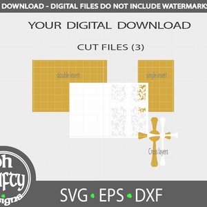 Pu&ograve; includere: File di taglio digitali scaricabili per un design a croce. I file includono tre strati: un inserto doppio, un inserto singolo e strati di croce. Il design &egrave; in oro e bianco.