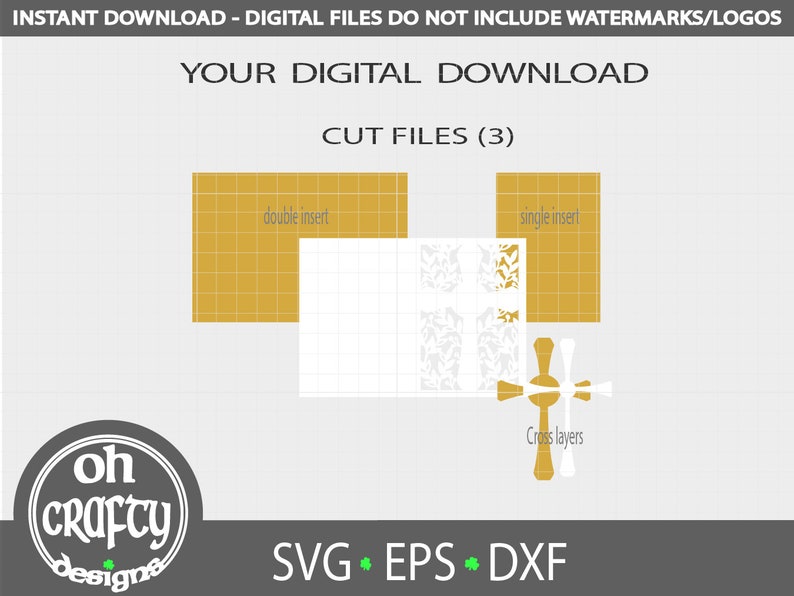 Pu&ograve; includere: File di taglio digitali scaricabili per un design a croce. I file includono tre strati: un inserto doppio, un inserto singolo e strati di croce. Il design &egrave; in oro e bianco.