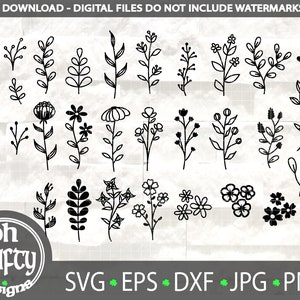 植物の SVG バンドル、野生の花のバンドル、花のスケッチの SVG、植物のクリップアート、春の花のクリップアート、花の葉の枝の SVG、カット ファイル