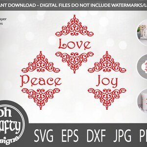 May include: Four red digital cut files with ornate designs and the words "Love", "Peace", "Joy" and a decorative design.  The files are for single layer cutting.