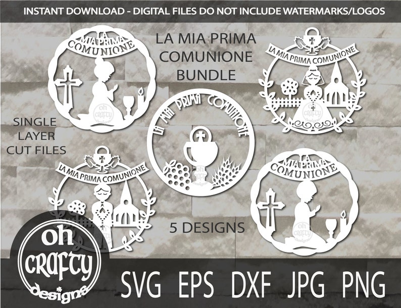 May include: Five white cut files for a first communion celebration. The designs include a girl kneeling in prayer, a chalice, a girl with a rosary, a church, and a boy kneeling in prayer. The text "La Mia Prima Comunione" is included in the designs.