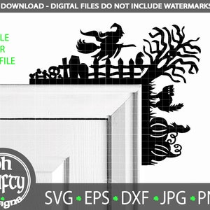 May include: Black and white silhouette of a witch flying on a broomstick over a spooky Halloween scene with a fence, pumpkins, and a tree. The scene is designed to be used as a corner decoration.