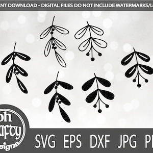Puede incluir: Un conjunto de seis archivos de corte digital en blanco y negro de ramitas de muérdago. Los archivos están disponibles en los formatos SVG, EPS, DXF, JPG y PNG.