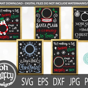 May include: Five printable Christmas countdown signs with chalkboard backgrounds. The signs feature different Christmas themes, including Santa Claus, a snowman, and a Christmas ornament. The signs are designed to be used as part of a Christmas countdown calendar.