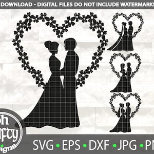Sr. e Sra. papercut, noiva e noivo coração floral svg, arquivo de corte de casal de casamento, casamento svg, topo de bolo, clipart de casamento, modelo recortado