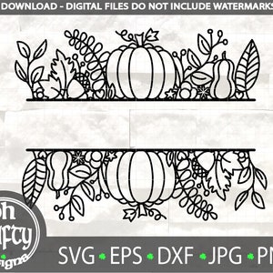May include: Black and white line art design of a pumpkin with leaves and vines. The design is ideal for autumn crafts and decorations.