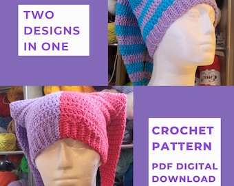 Jester hat Crochet Pattern - 2 designs, Stripped & Split