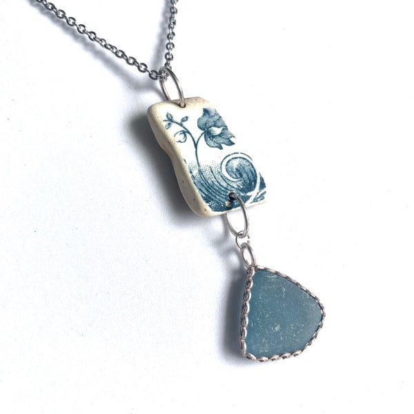 sea glass necklace / sea pottery necklace / gift for ocean lovers / beach necklace / blue and silver / vegan jewellery / sea soul and Sky