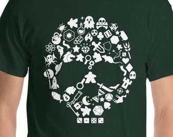 Larger Sizes - Halloween Board Game Skull Shirt - Meeple Skull Shirt - Short Sleeve T-Shirt